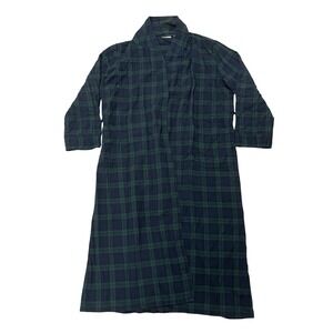 Vtg LL Bean Flannel Plaid Bath Robe Mens Large Cotton Green Blue Tie